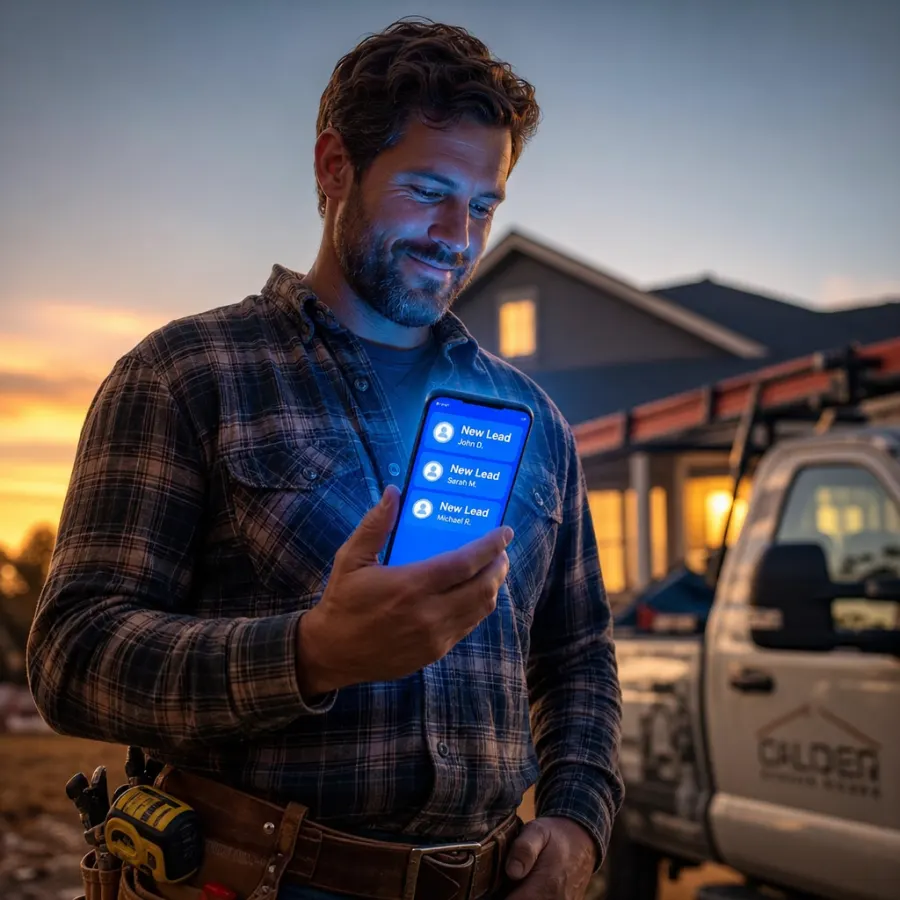 Contractor on a job site receiving new Facebook leads on his phone
